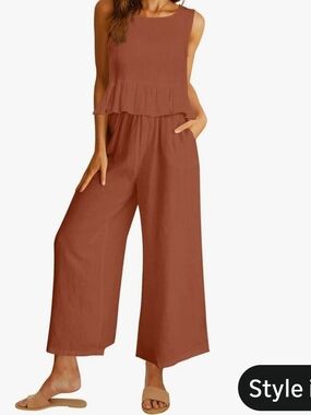 Women's Sleeveless Wide-Leg 2 Piece Linen - Rust Outfir